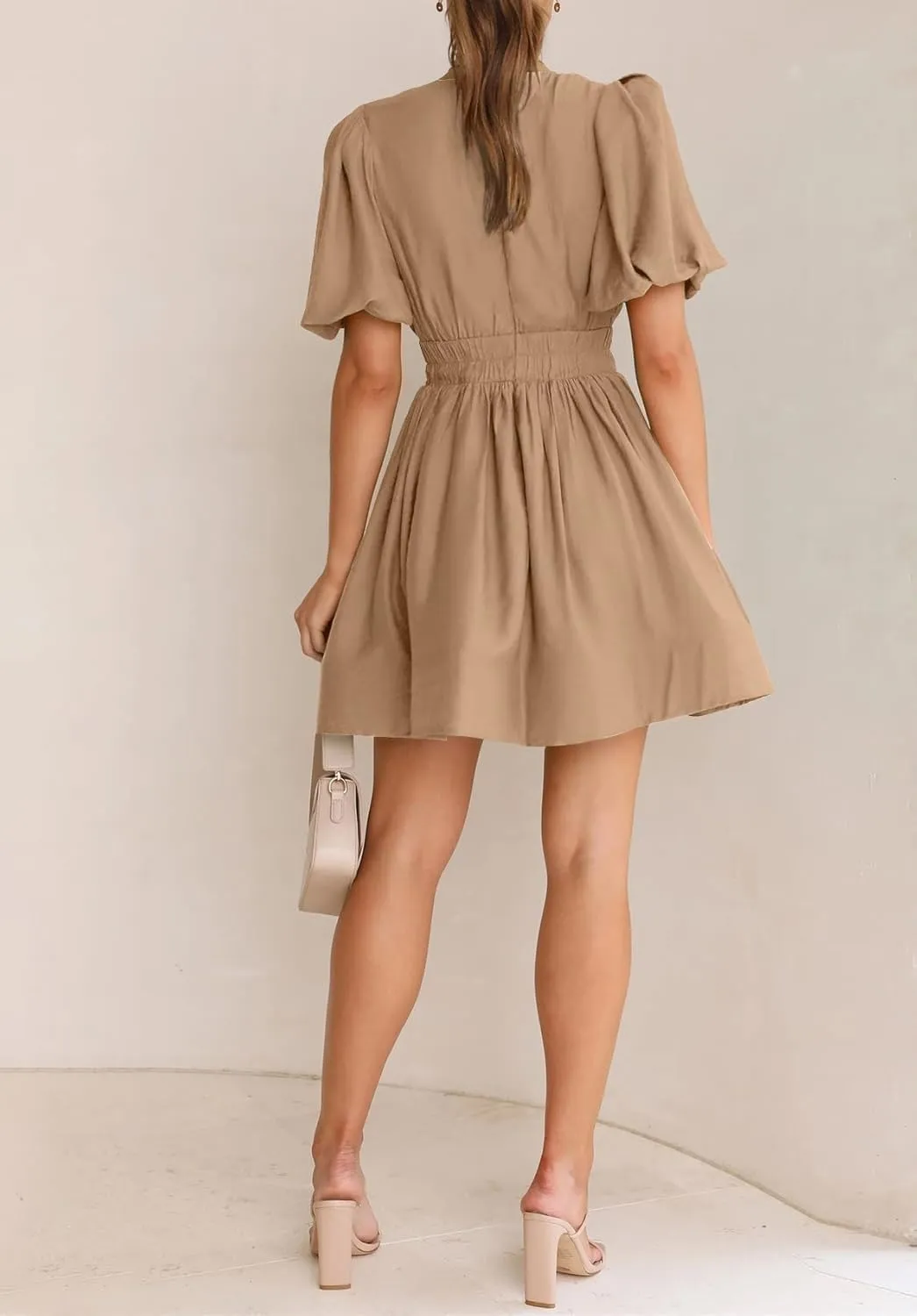 BWQ Women Mini Dress Short Puff Sleeve Sexy V Neck Dress A-line Elastic High Waisted Casual Flowy Summer Dresses