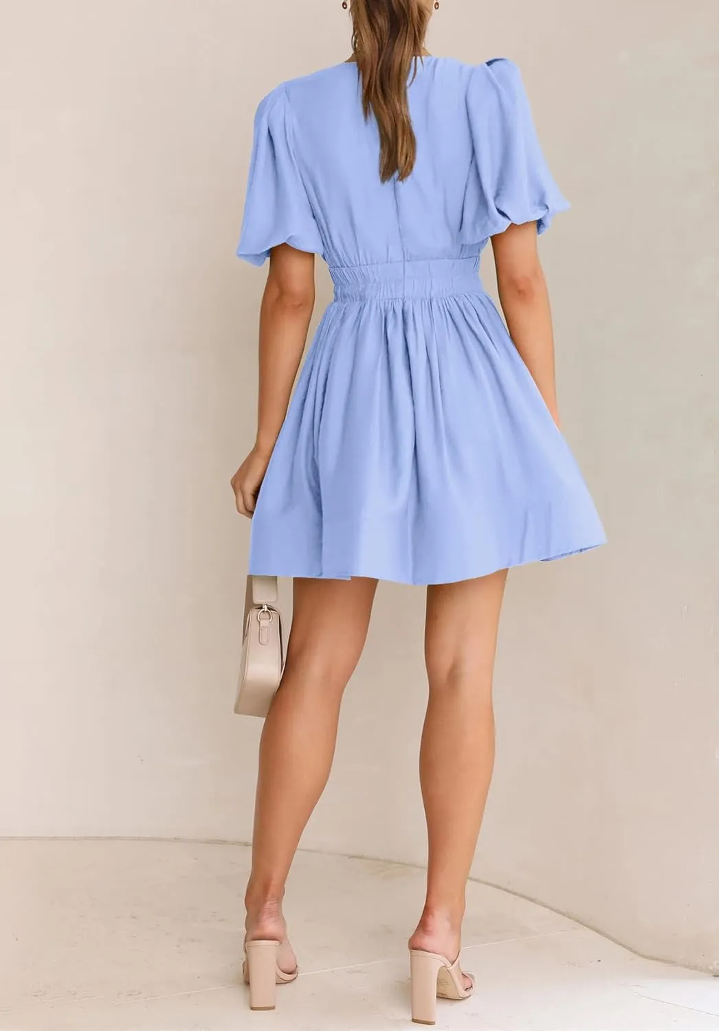 BWQ Women Mini Dress Short Puff Sleeve Sexy V Neck Dress A-line Elastic High Waisted Casual Flowy Summer Dresses