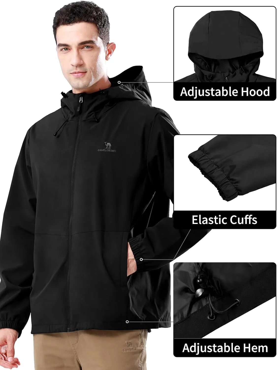 CAMELSPORTS Men Waterproof Softshell Jacket Windbreaker Hooded lightweight Rain Coat for Outdoor Hiking