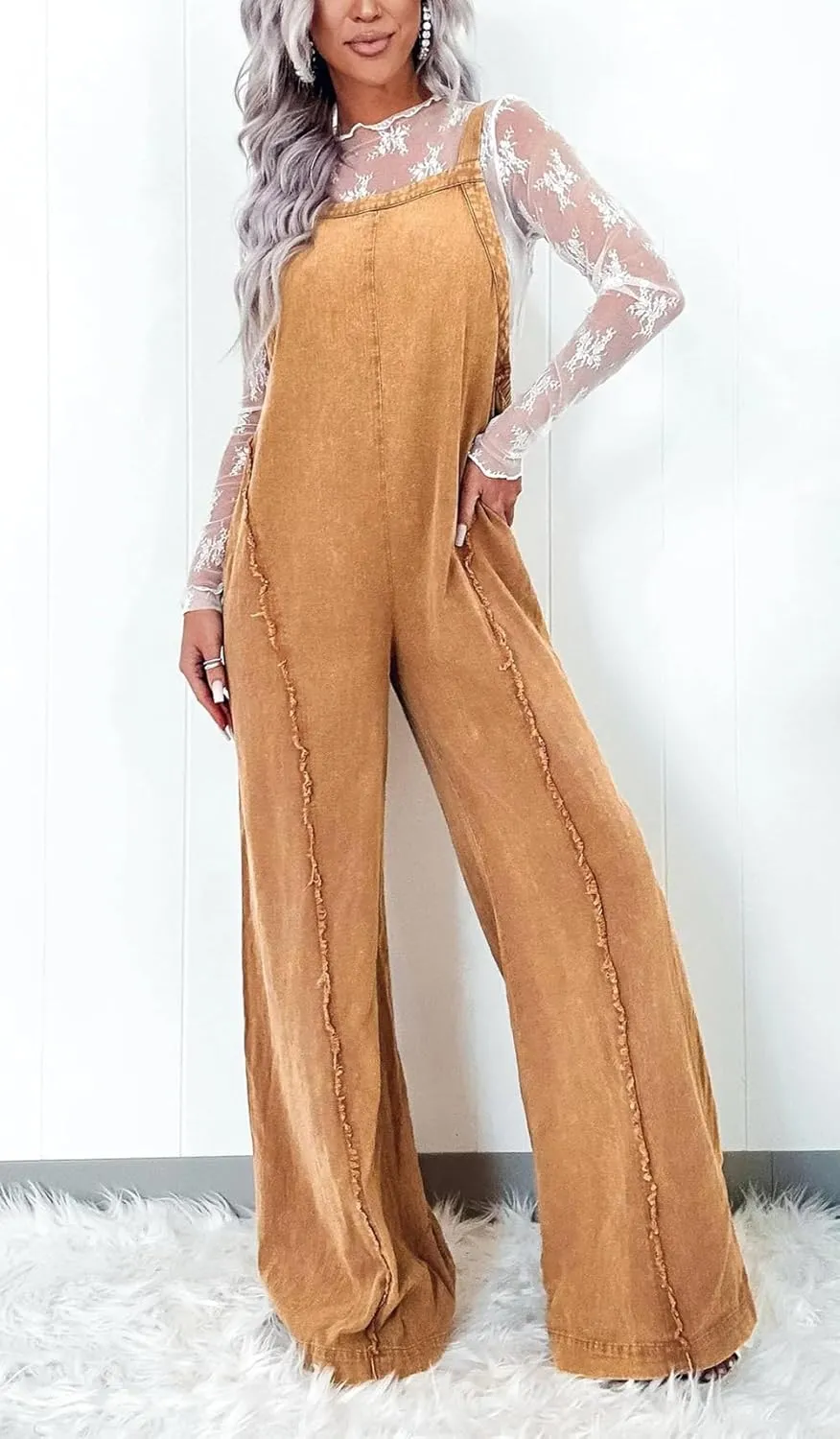 CHARTOU Women Loose Fit Denim Jumpsuit Adjustable Straps Wide Leg Long Pants Frayed Jean Overalls