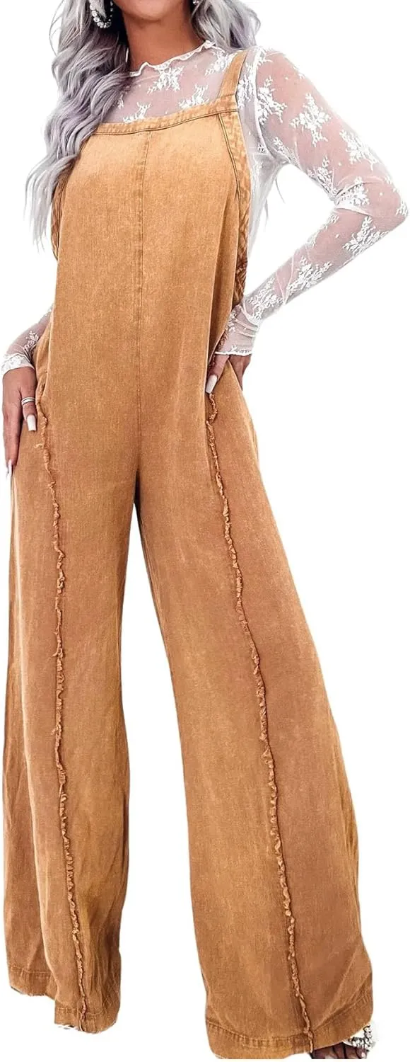 CHARTOU Women Loose Fit Denim Jumpsuit Adjustable Straps Wide Leg Long Pants Frayed Jean Overalls