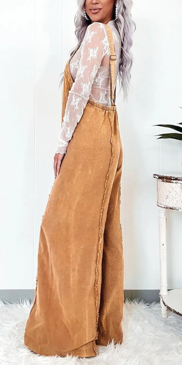 CHARTOU Women Loose Fit Denim Jumpsuit Adjustable Straps Wide Leg Long Pants Frayed Jean Overalls