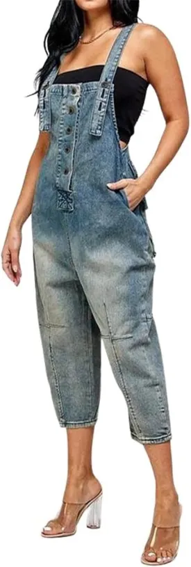 CHARTOU Women's Casual Loose Fit Jean Jumpsuit Overalls Crop Harem Denim Pants