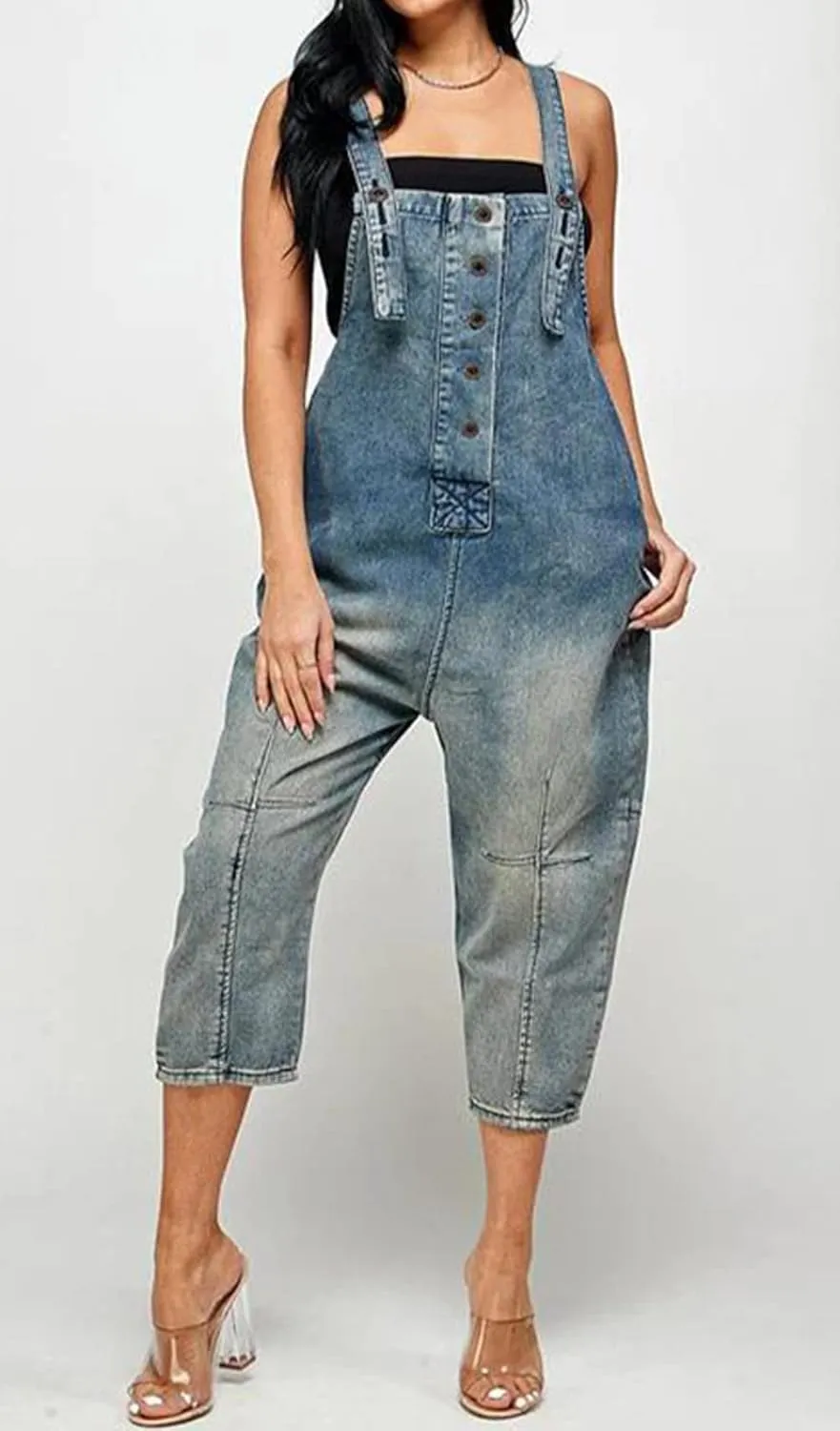 CHARTOU Women's Casual Loose Fit Jean Jumpsuit Overalls Crop Harem Denim Pants