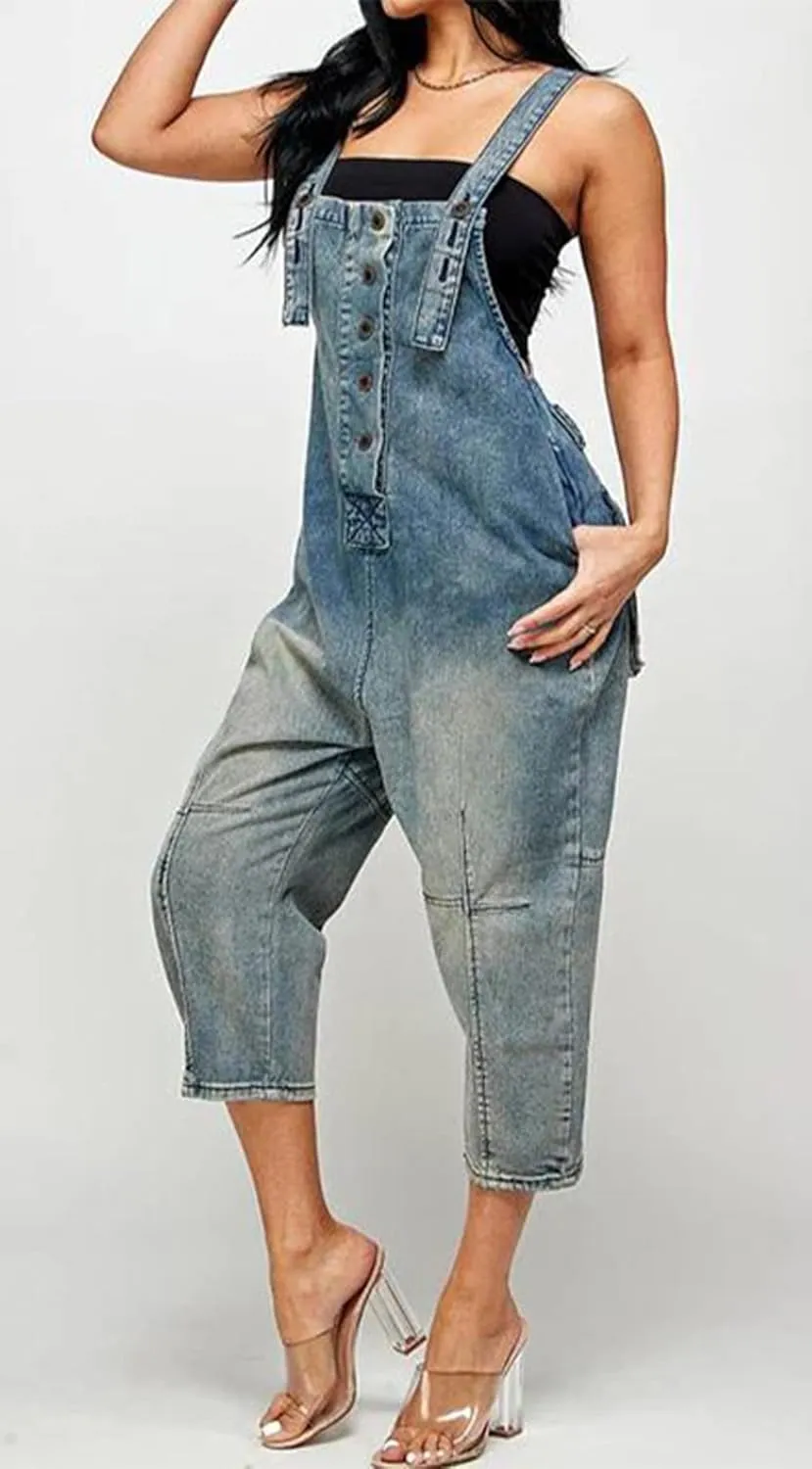 CHARTOU Women's Casual Loose Fit Jean Jumpsuit Overalls Crop Harem Denim Pants