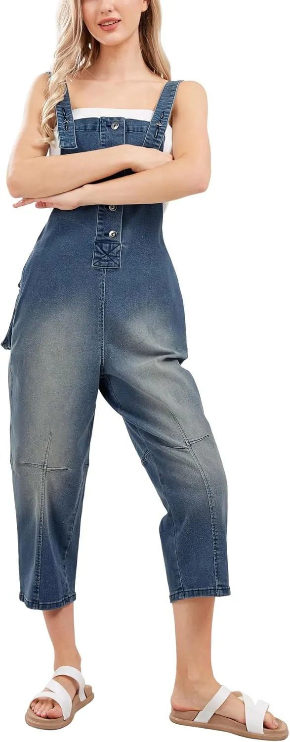 CHARTOU Women's Casual Loose Fit Jean Jumpsuit Overalls Crop Harem Denim Pants