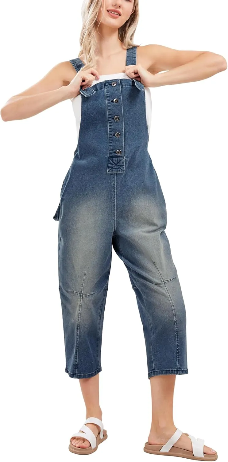 CHARTOU Women's Casual Loose Fit Jean Jumpsuit Overalls Crop Harem Denim Pants