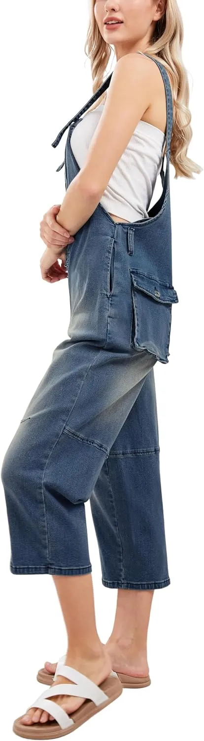 CHARTOU Women's Casual Loose Fit Jean Jumpsuit Overalls Crop Harem Denim Pants