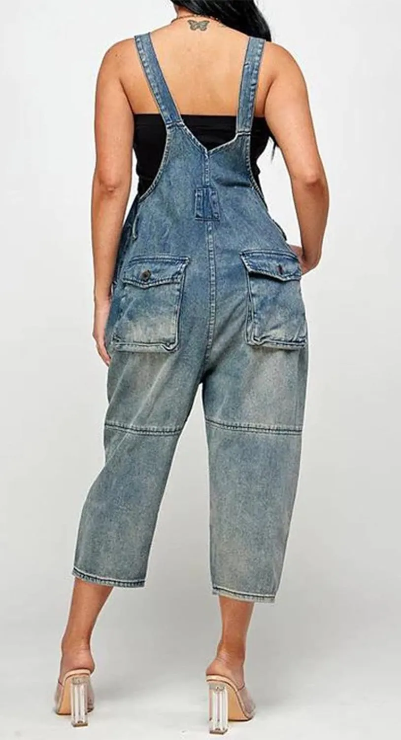 CHARTOU Women's Casual Loose Fit Jean Jumpsuit Overalls Crop Harem Denim Pants
