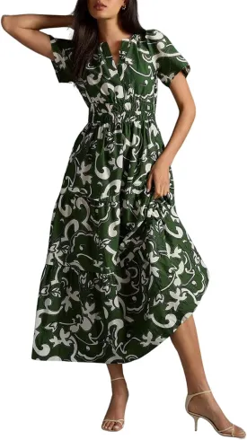 CHARTOU Women's Flowy Boho Long Stretch Short Sleeve High Waist Smock A Line Tiered Dress