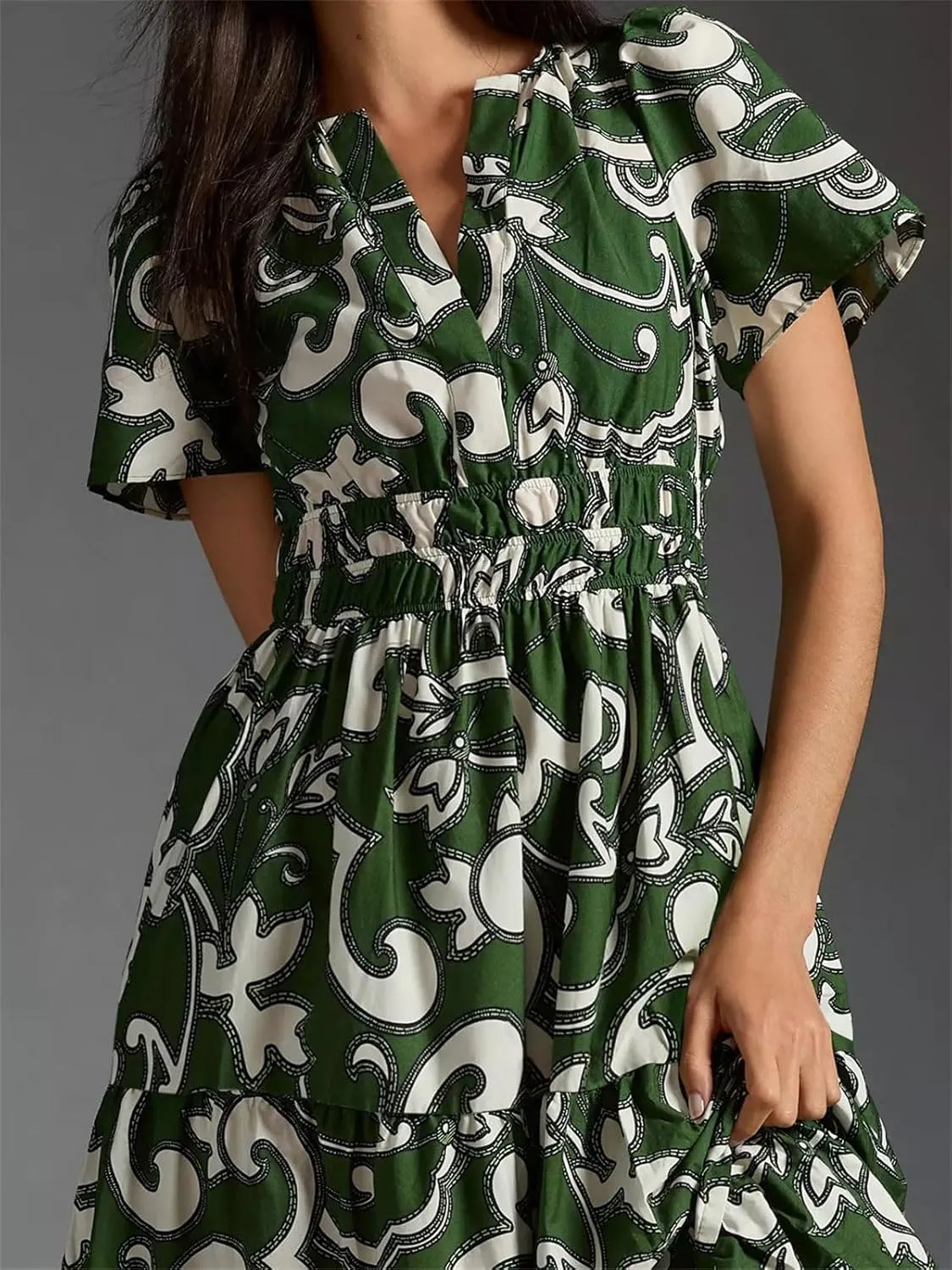 CHARTOU Women's Flowy Boho Long Stretch Short Sleeve High Waist Smock A Line Tiered Dress
