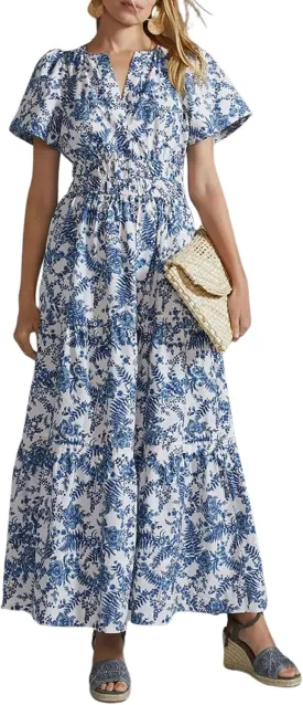 CHARTOU Women's Flowy Boho Long Stretch Short Sleeve High Waist Smock A Line Tiered Dress