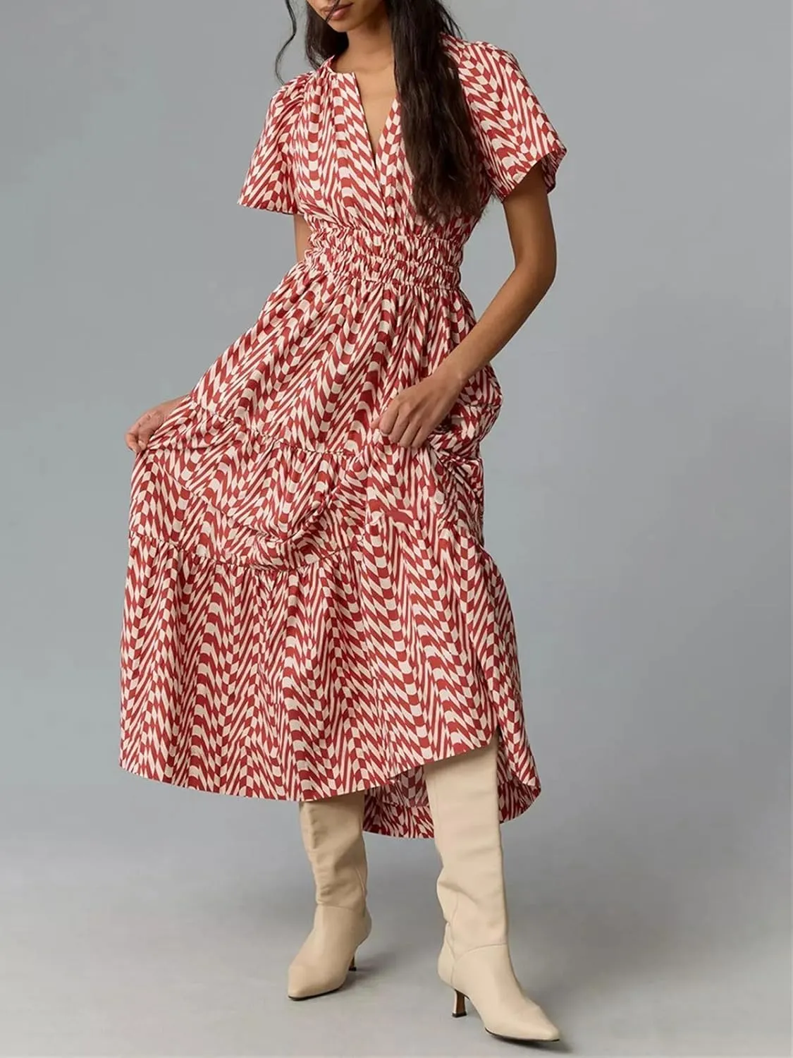 CHARTOU Women's Flowy Boho Long Stretch Short Sleeve High Waist Smock A Line Tiered Dress