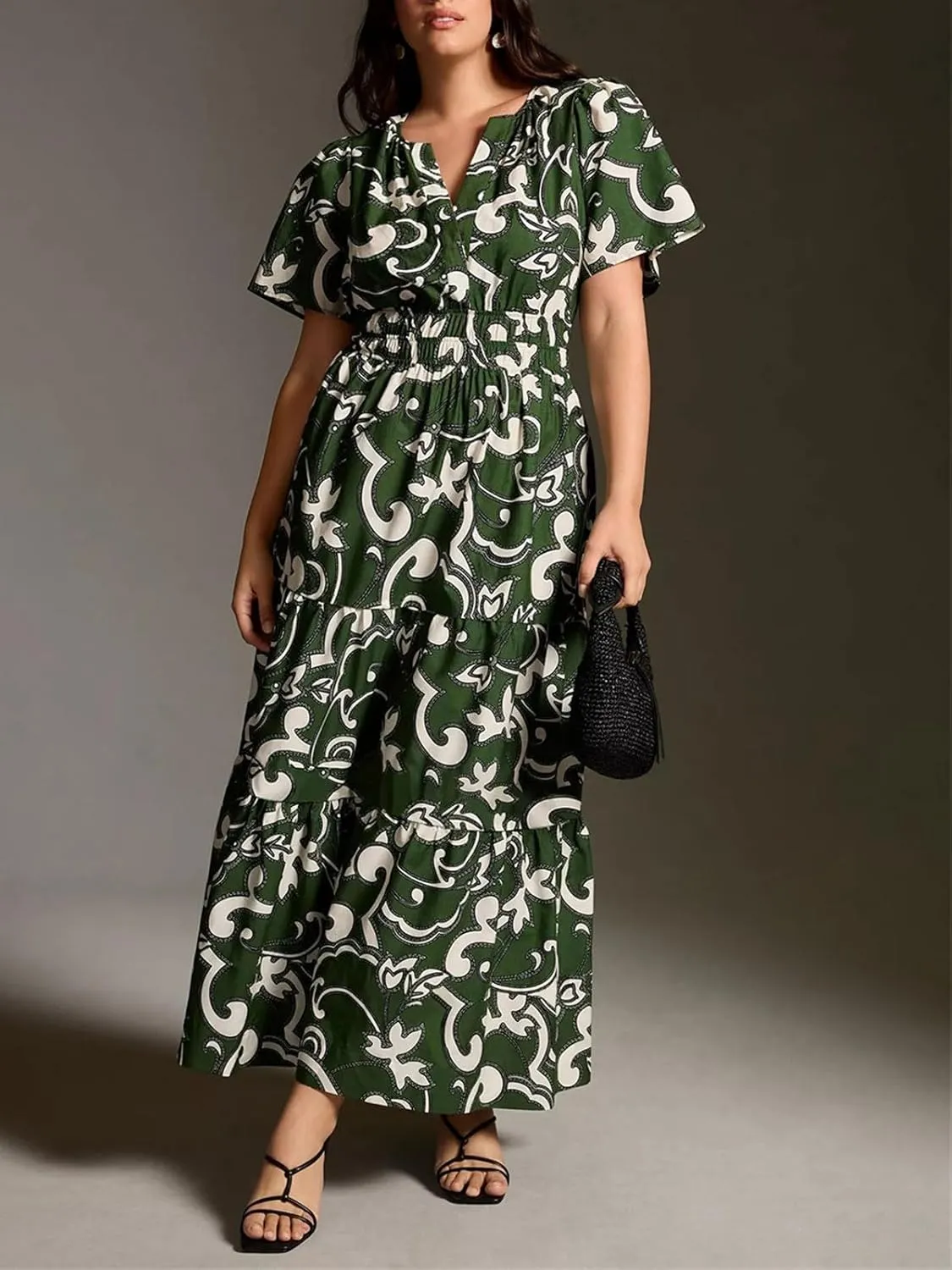 CHARTOU Women's Flowy Boho Long Stretch Short Sleeve High Waist Smock A Line Tiered Dress