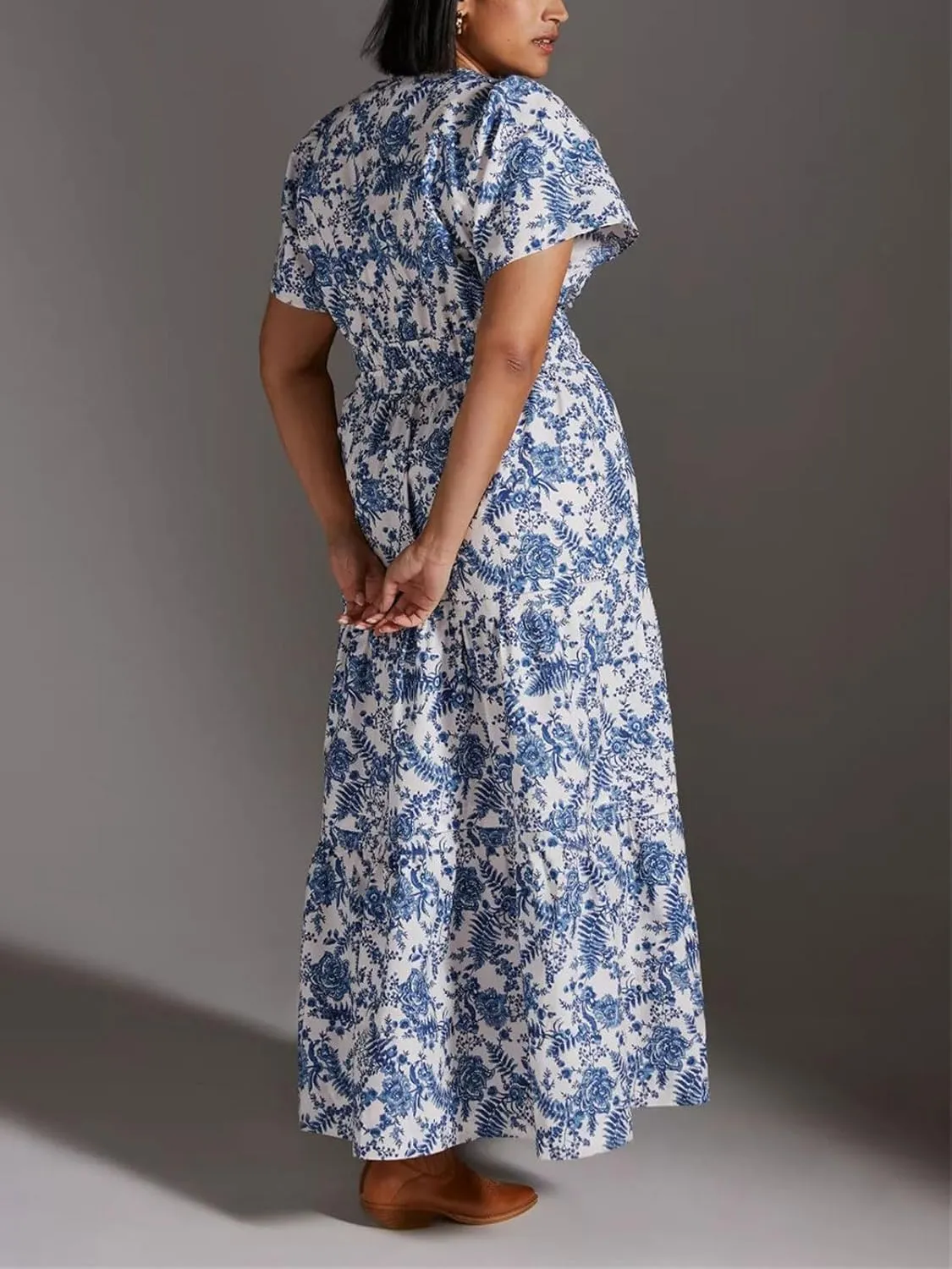 CHARTOU Women's Flowy Boho Long Stretch Short Sleeve High Waist Smock A Line Tiered Dress