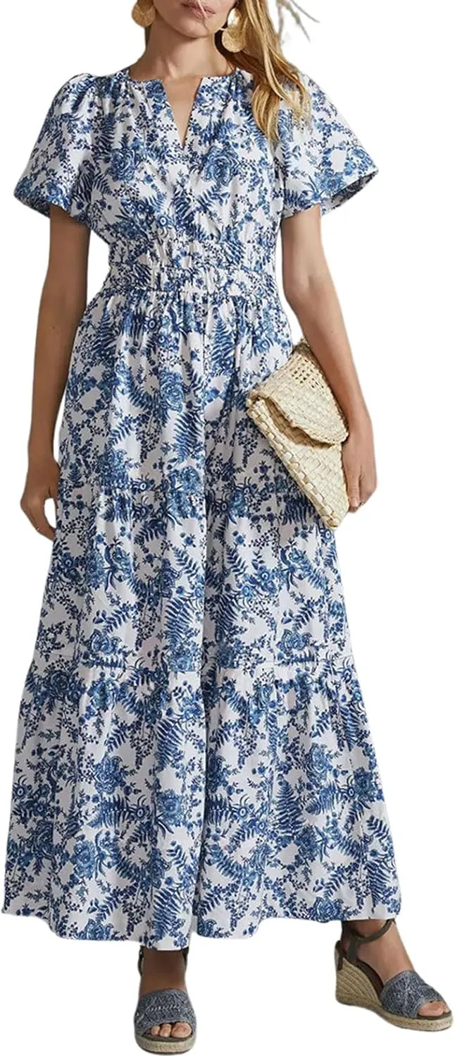 CHARTOU Women's Flowy Boho Long Stretch Short Sleeve High Waist Smock A Line Tiered Dress
