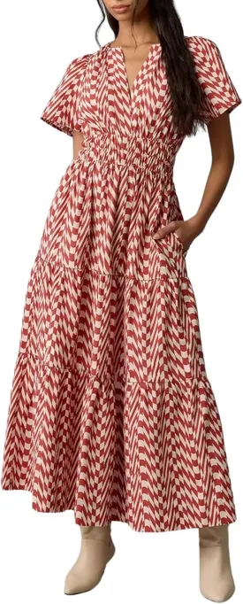 CHARTOU Women's Flowy Boho Long Stretch Short Sleeve High Waist Smock A Line Tiered Dress