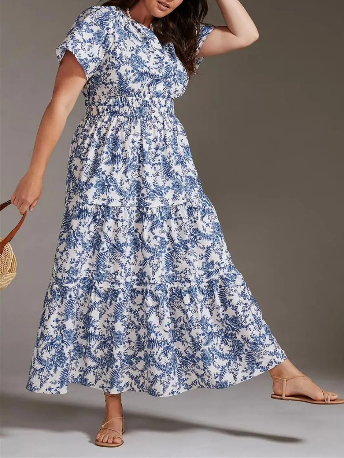 CHARTOU Women's Flowy Boho Long Stretch Short Sleeve High Waist Smock A Line Tiered Dress