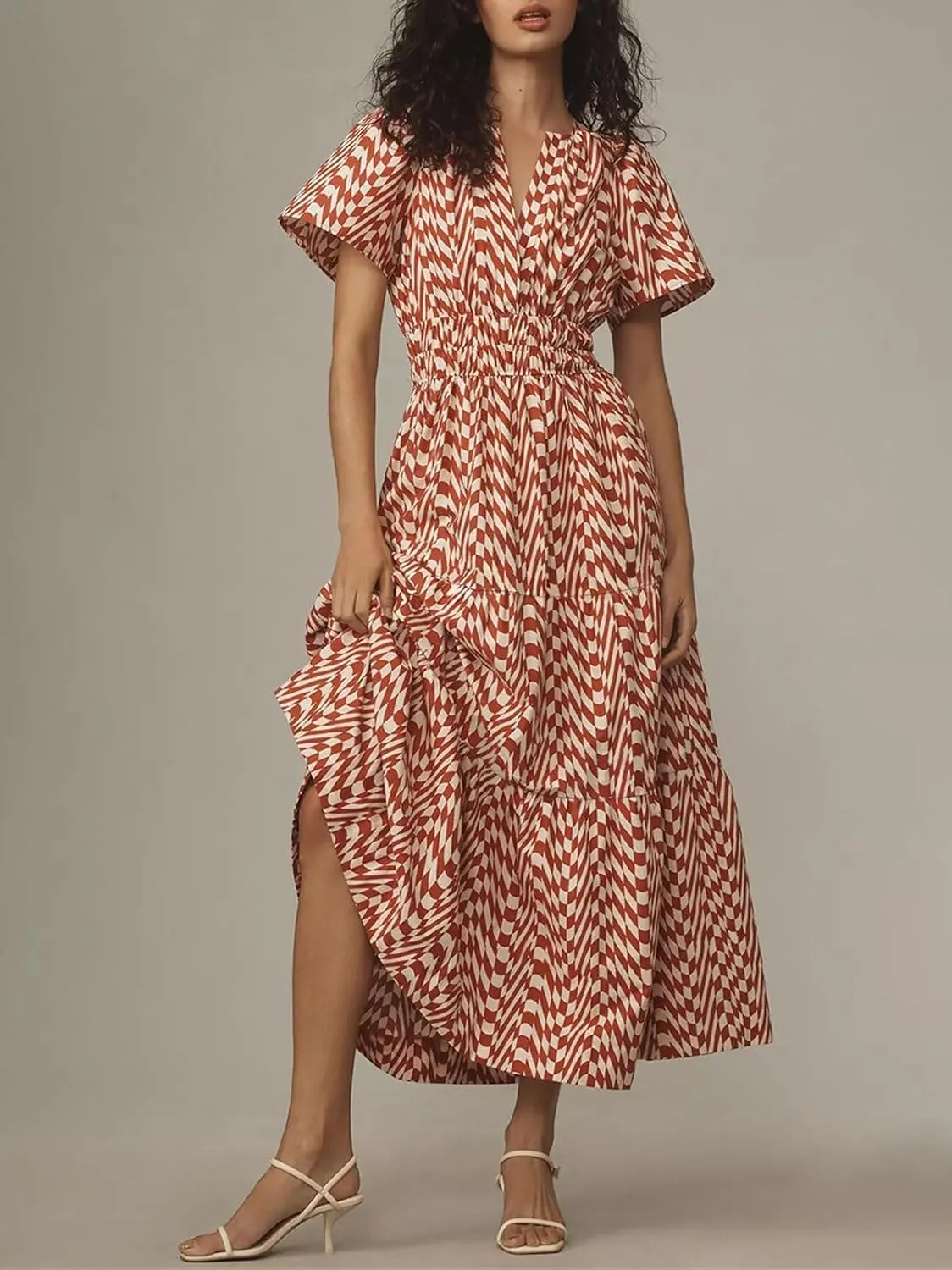 CHARTOU Women's Flowy Boho Long Stretch Short Sleeve High Waist Smock A Line Tiered Dress