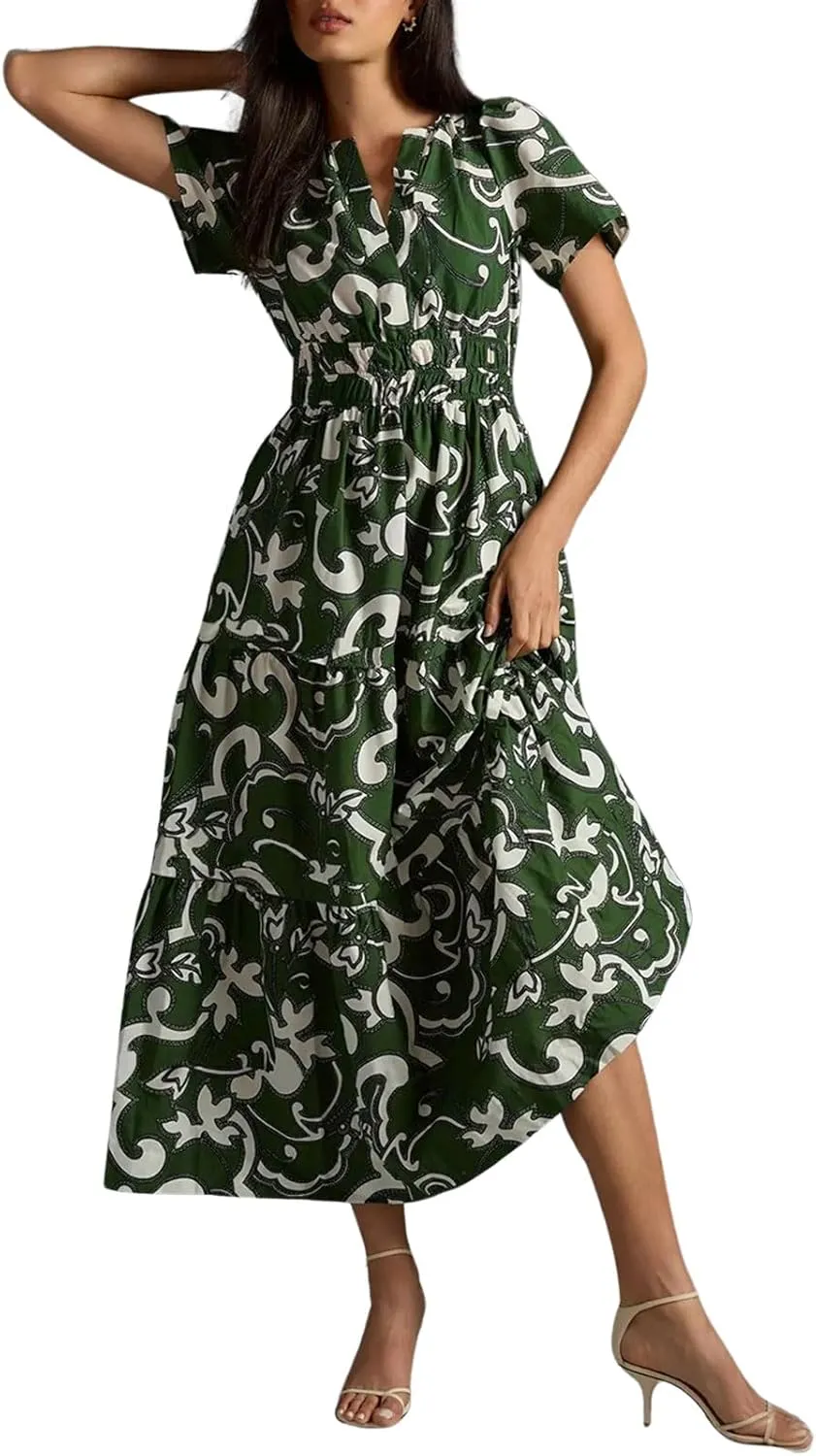 CHARTOU Women's Flowy Boho Long Stretch Short Sleeve High Waist Smock A Line Tiered Dress