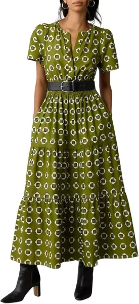 CHARTOU Women's Flowy Boho Long Stretch Short Sleeve High Waist Smock A Line Tiered Dress