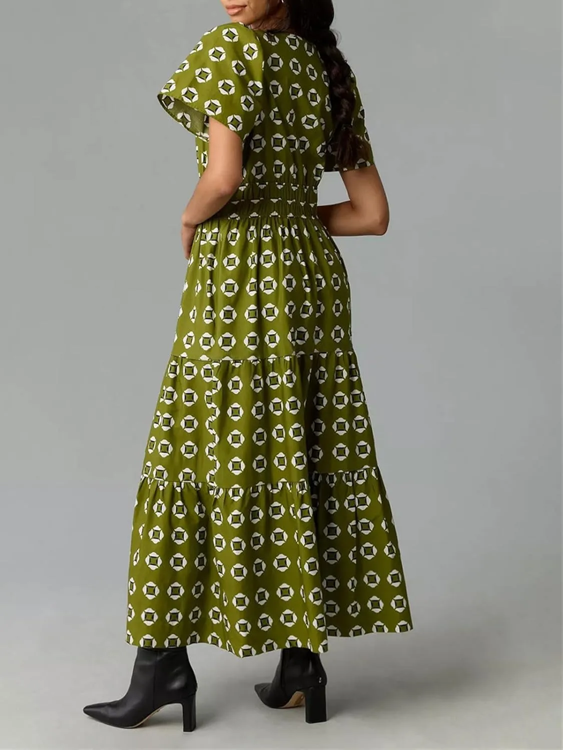 CHARTOU Women's Flowy Boho Long Stretch Short Sleeve High Waist Smock A Line Tiered Dress