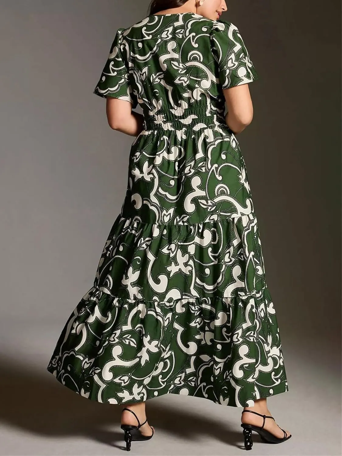 CHARTOU Women's Flowy Boho Long Stretch Short Sleeve High Waist Smock A Line Tiered Dress