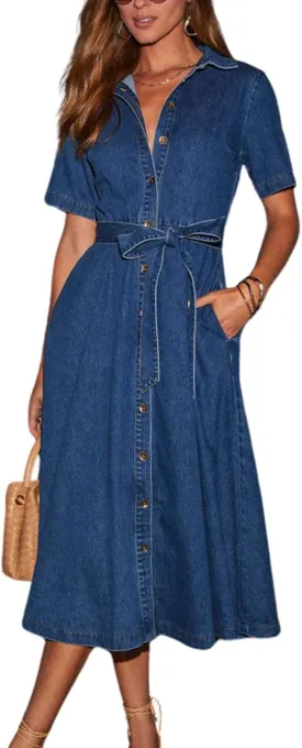 chouyatou Women Summer Belted Button Down Denim Shirt Dress Business Casual Short Sleeve Jean Shirt Dress