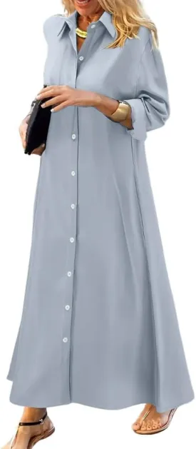 chouyatou Women's Casual Button Down Maxi Shirt Dress Long Sleeve Button Up Tunic Long Dress