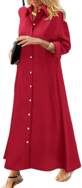 chouyatou Women's Casual Button Down Maxi Shirt Dress Long Sleeve Button Up Tunic Long Dress