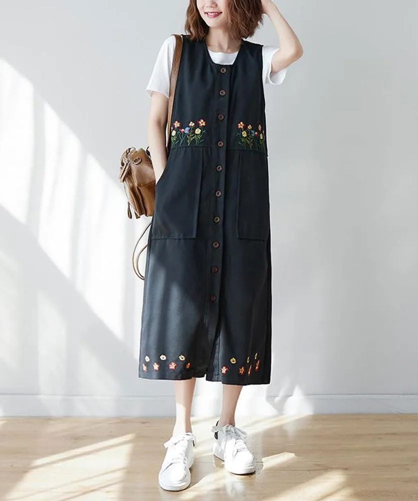 chouyatou Women's Denim Button Down Floral Embroidered Long Overall Jumper Jean Dress with Pockets