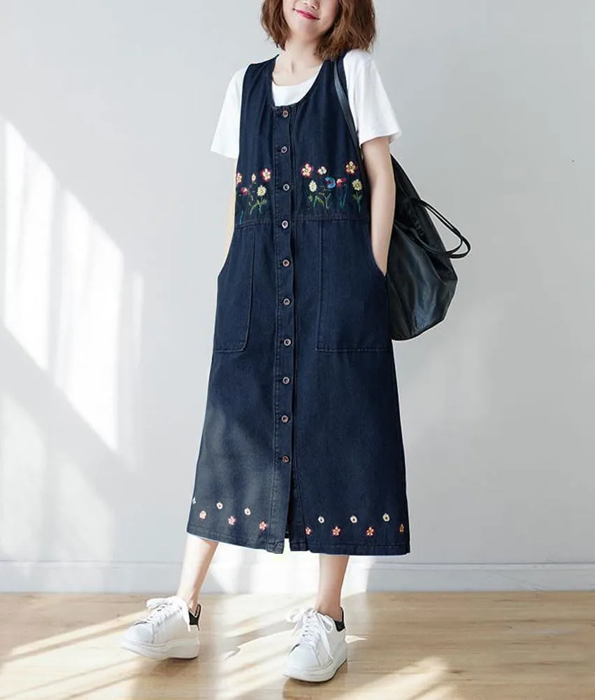 chouyatou Women's Denim Button Down Floral Embroidered Long Overall Jumper Jean Dress with Pockets