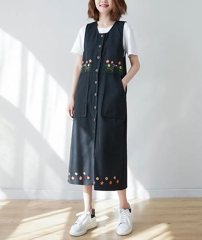 chouyatou Women's Denim Button Down Floral Embroidered Long Overall Jumper Jean Dress with Pockets