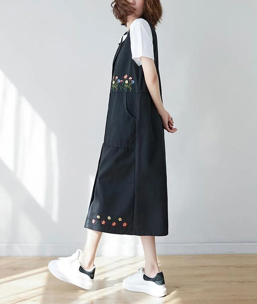 chouyatou Women's Denim Button Down Floral Embroidered Long Overall Jumper Jean Dress with Pockets