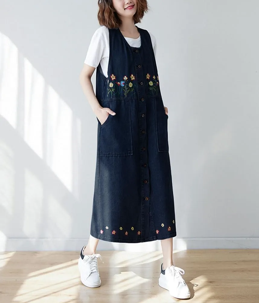 chouyatou Women's Denim Button Down Floral Embroidered Long Overall Jumper Jean Dress with Pockets