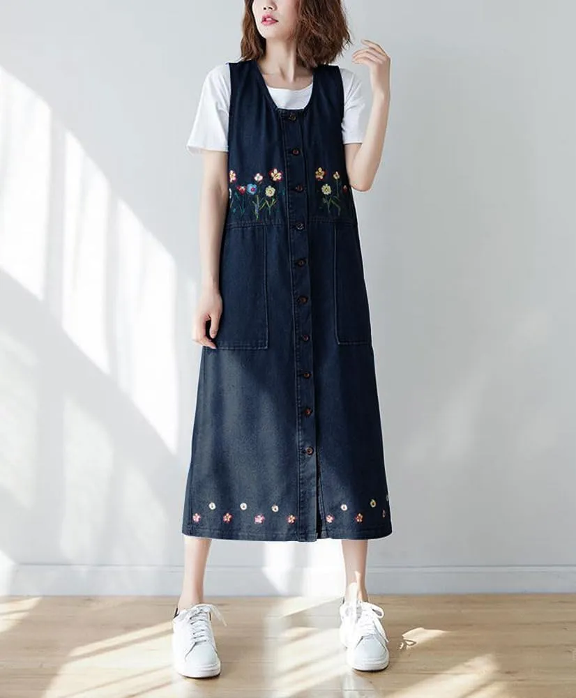 chouyatou Women's Denim Button Down Floral Embroidered Long Overall Jumper Jean Dress with Pockets