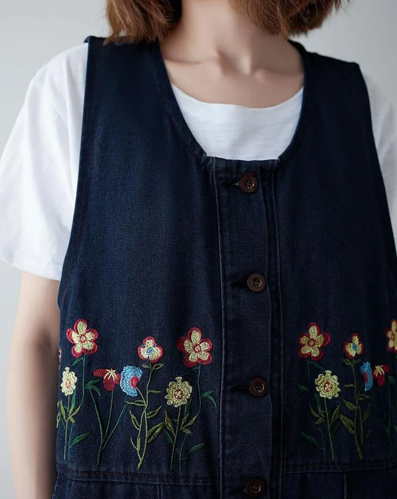 chouyatou Women's Denim Button Down Floral Embroidered Long Overall Jumper Jean Dress with Pockets