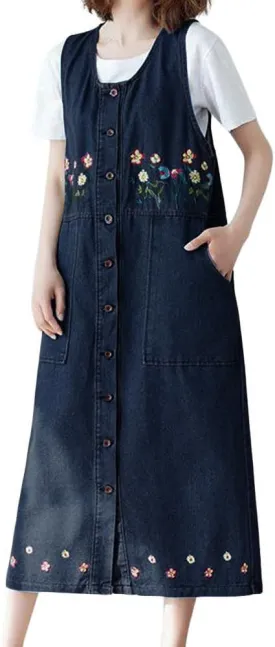 chouyatou Women's Denim Button Down Floral Embroidered Long Overall Jumper Jean Dress with Pockets
