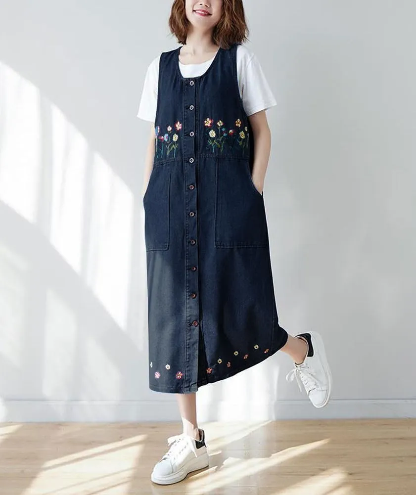 chouyatou Women's Denim Button Down Floral Embroidered Long Overall Jumper Jean Dress with Pockets