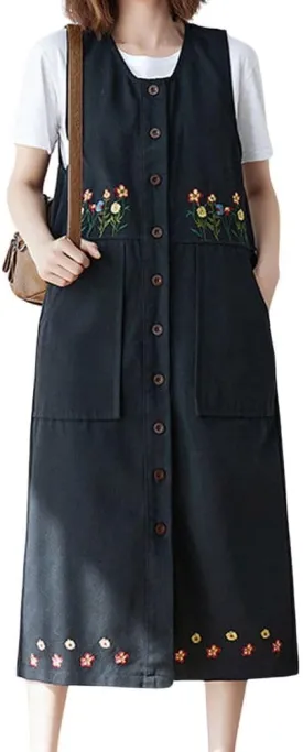 chouyatou Women's Denim Button Down Floral Embroidered Long Overall Jumper Jean Dress with Pockets