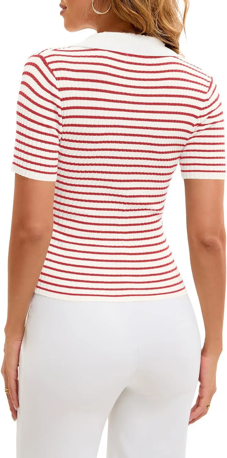 Cioatin Women Short Sleeve Striped Knit Polo Crop Shirt Tops Vintage Collar V Neck Slim Fit T-Shirt Aesthetic Going Out