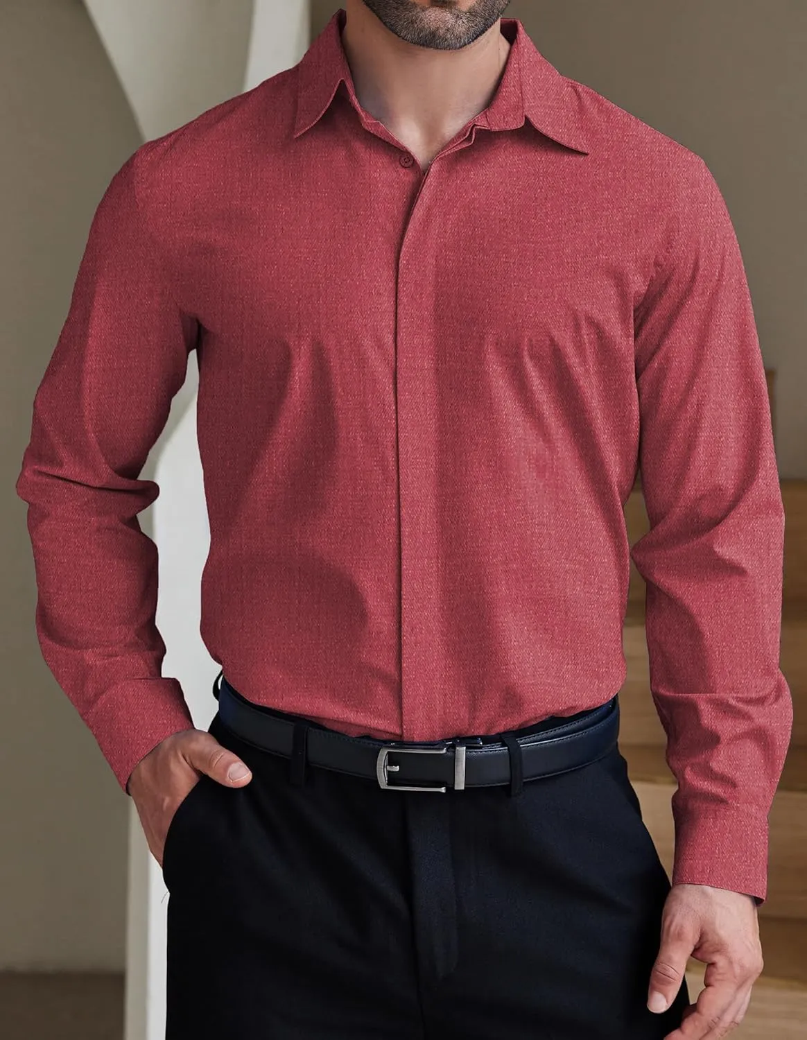 COOFANDY Men's Formal Dress Shirt Hidden Button Front Wrinkle Free Shirt Regular Fit Stretch Business Casual Shirts