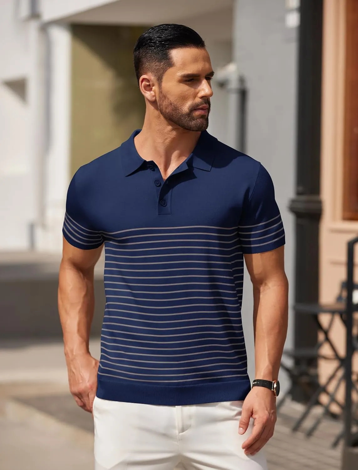 COOFANDY Men's Knit Polo Shirts Short Sleeve Striped Golf Polo Shirts Lightweight Casual Collared T Shirt