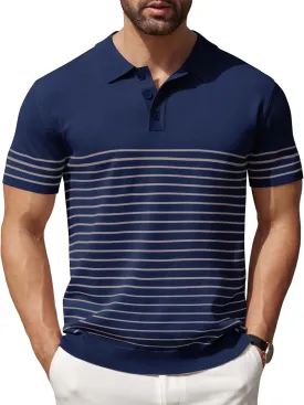 COOFANDY Men's Knit Polo Shirts Short Sleeve Striped Golf Polo Shirts Lightweight Casual Collared T Shirt
