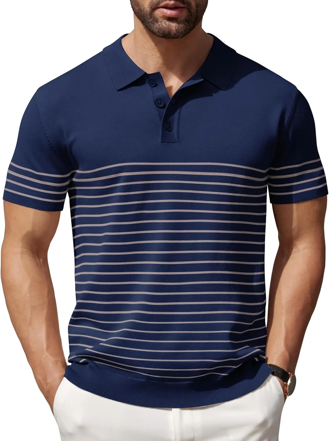 COOFANDY Men's Knit Polo Shirts Short Sleeve Striped Golf Polo Shirts Lightweight Casual Collared T Shirt