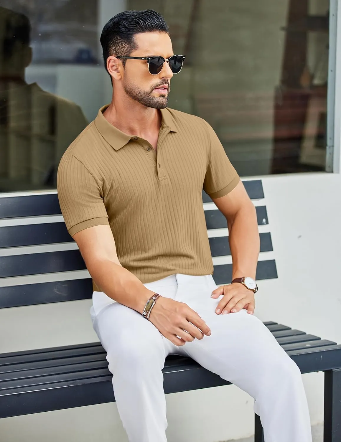 COOFANDY Men's Textured Polo Shirts Short Sleeve Slim Fit Casual Button Polo T-Shirt Summer Collared Golf Shirt