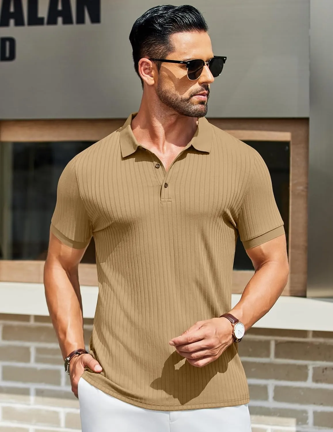COOFANDY Men's Textured Polo Shirts Short Sleeve Slim Fit Casual Button Polo T-Shirt Summer Collared Golf Shirt