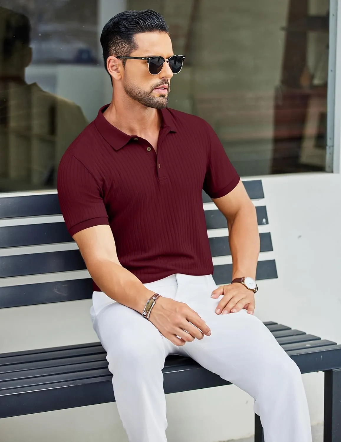 COOFANDY Men's Textured Polo Shirts Short Sleeve Slim Fit Casual Button Polo T-Shirt Summer Collared Golf Shirt
