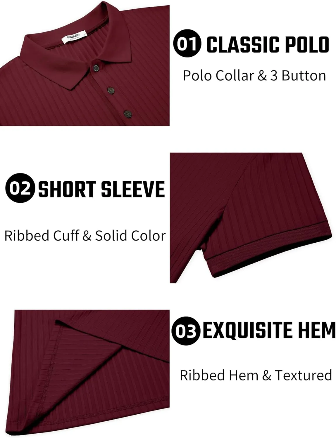 COOFANDY Men's Textured Polo Shirts Short Sleeve Slim Fit Casual Button Polo T-Shirt Summer Collared Golf Shirt