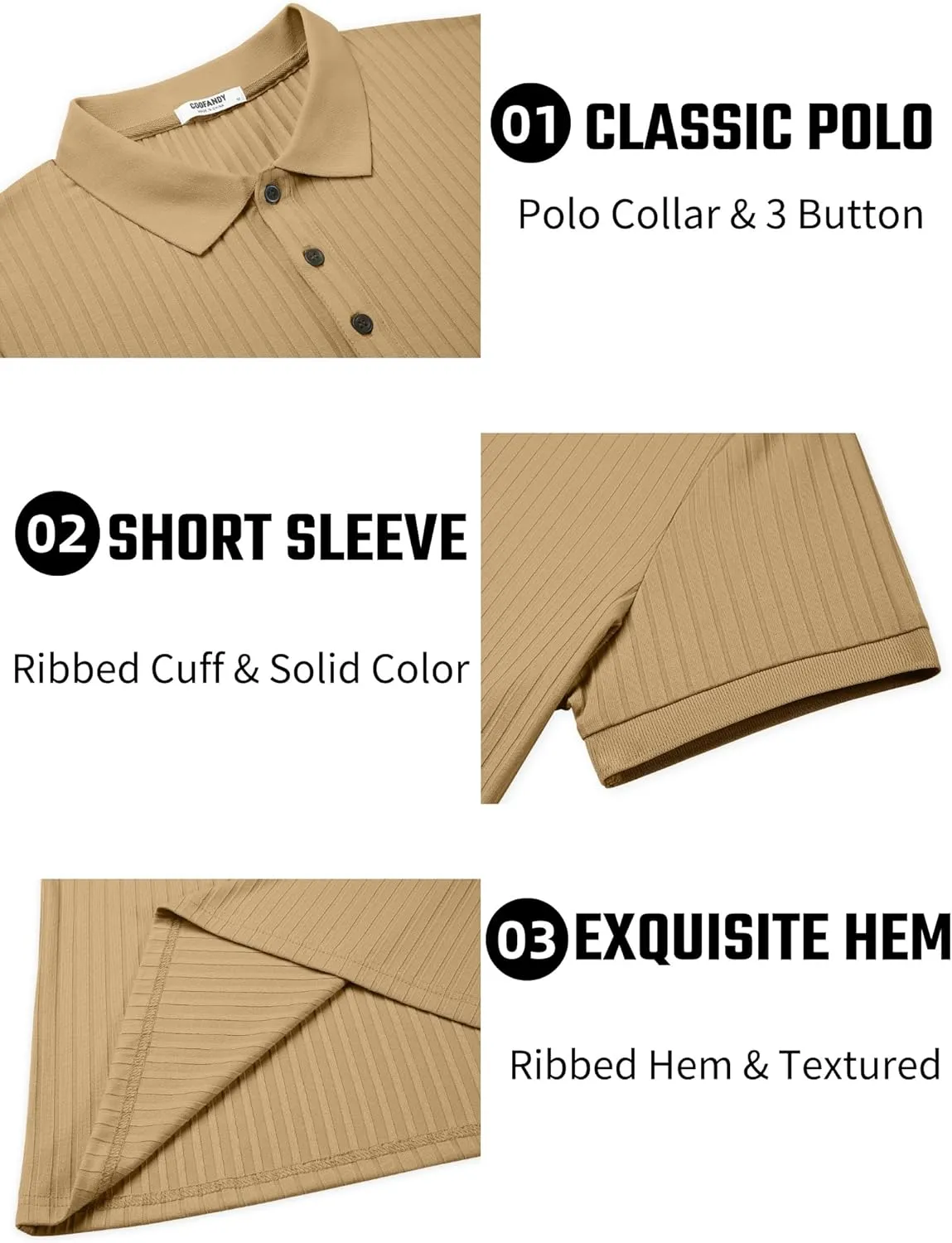 COOFANDY Men's Textured Polo Shirts Short Sleeve Slim Fit Casual Button Polo T-Shirt Summer Collared Golf Shirt